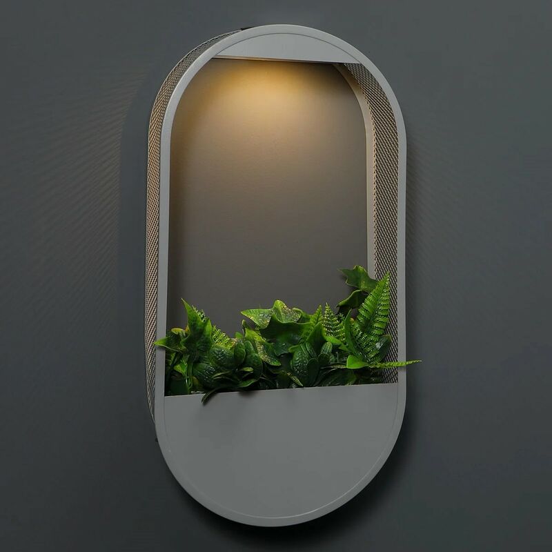 Solar Round Oval Metal Wall Pocket Planters Grey 50cm With Light Garden - Noma