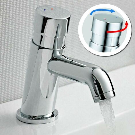 BUYAPARCEL Non Concussive Push Down Self Closing Round Chrome Basin Mono Mixer Tap Hot Cold