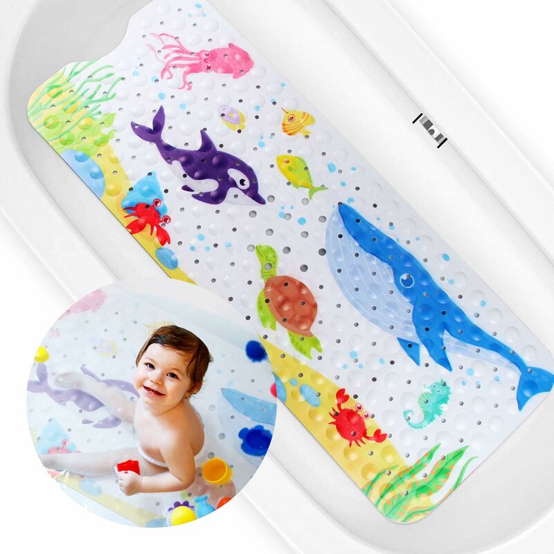 Non-slip bath mat for children, odourless. Extra long bath mat 100 x 40 cm with child-friendly motifs. (blue whale)