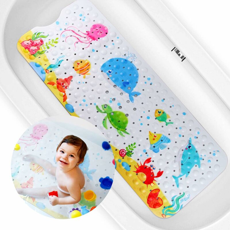 Non-slip bath mat for children, odourless. Extra long bath mat 100 x 40 cm with child-friendly motifs. (Sea turtle little blue whale)