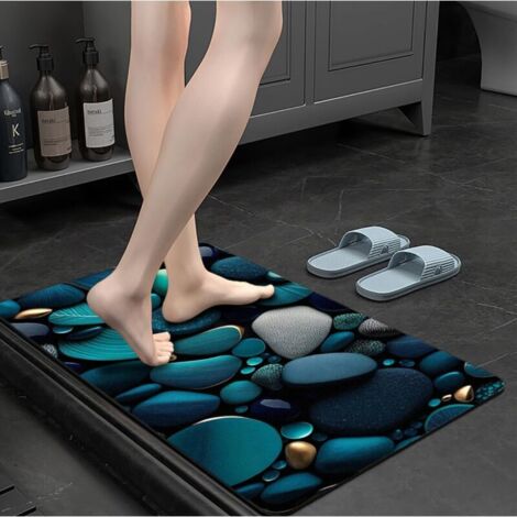 Non-slip bathroom mat, exquisite 3D stone pattern, soft, absorbent and quick-drying, blue (60x40CM)