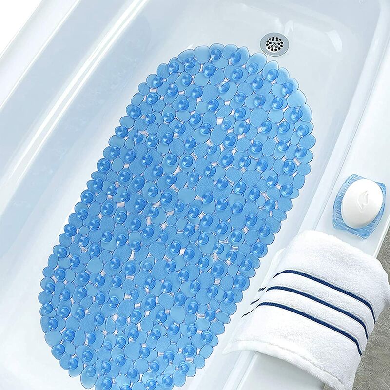 Non-Slip Shower Mat Mildew Proof pvc Pebble Pattern Oval Bath Mat with Suction Cups and Drainage Holes 66x36cm Blue
