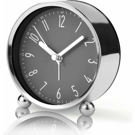 Non Ticking Alarm Clock, 4'' Quiet Bedside Clock for Heavy Sleepers Battery Operated Analog Clock with Modern Gray Design Large Screen Table Clock for Living Room Study Room Office