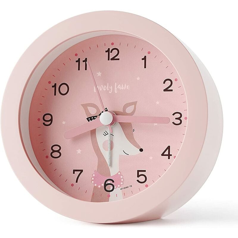 Non-Ticking Alarm Clock for Kids, Kids Alarm Clock with Night Light, Bedroom, Bedside, Cute Drawing, Battery Powered (Pink)