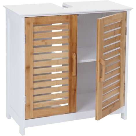 [NON UTILIZZATO] Arredo bagno sottolavabo armadietto HHG-370 60x60x30cm bambu legno chiaro bianco