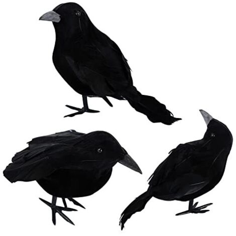 [NON UTILIZZATO] Confezione da 3 corvi di Halloween artificiali con piume, decorazioni realistiche, uccelli corvo spaventosi con piume nere, ornamento per decorazioni per feste di Halloween all'aperto