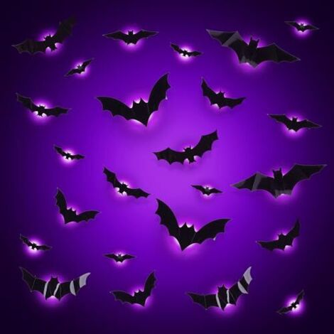 [NON UTILIZZATO] Decorazione di Halloween, 24 pezzi di decorazione pipistrello 3D con LED, decorazione di Halloween per interni ed esterni, set di adesivi murali per decorazioni di Halloween per giard