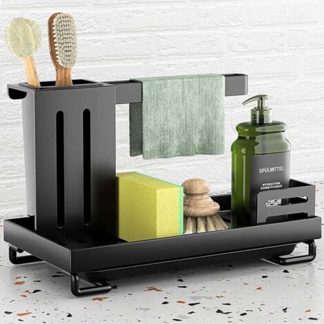 [NON UTILIZZATO] Organizer per lavello nero, organizer per lavello da cucina, organizer per lavello con rinforzo aggiuntivo, porta spugna in acciaio inox, porta strofinacci con vaschetta raccogligocce