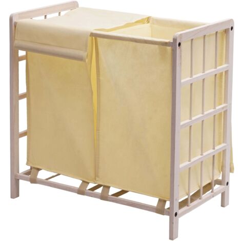 [NON UTILIZZATO] Portabiancheria HHG-582 legno di abete 2x ceste 68l legno bianco vintage tessuto avorio