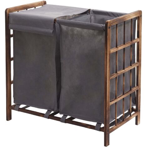[NON UTILIZZATO] Portabiancheria HHG-582 legno di abete 2x ceste 68l legno scuro tessuto grigio