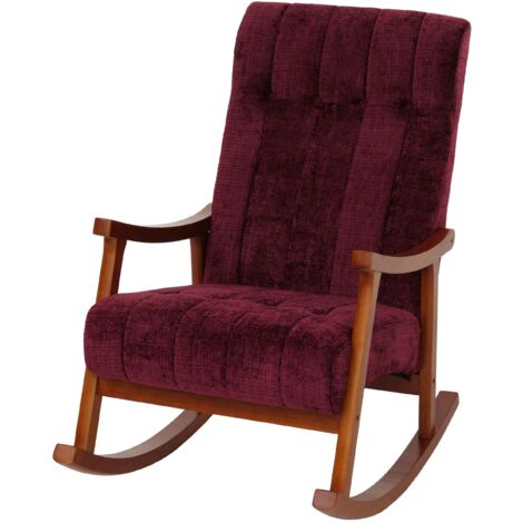 [NON UTILIZZATO] Sedia a dondolo HHG-857, poltrona relax, legno FSC stoffa/tessuto ciniglia (465g/m²), bordeaux, color noce