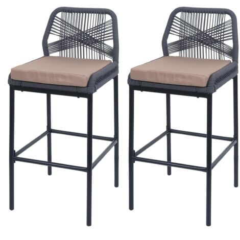 [NON UTILIZZATO] Set 2 sgabelli bar Rope HHG-988, con cuscino da esterno, intreccio corda metallo, antracite, cuscino taupe