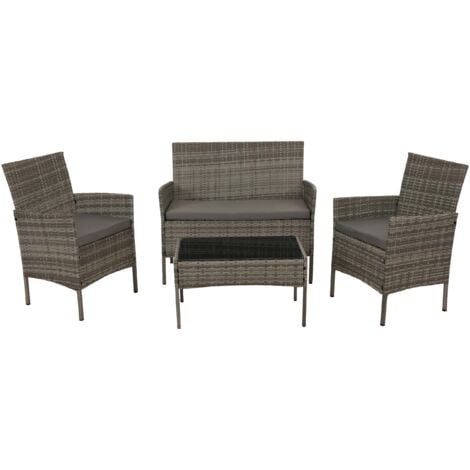 [NON UTILIZZATO] Set da giardino poly-rattan HHG-069, salottino, metallo vetro stoffa/tessuto (180 g/m²), grigio, cuscini grigio chiaro