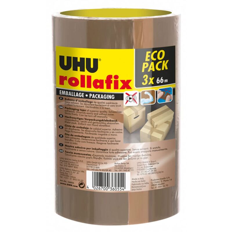 Image of Rollafix - Nastri adesivi per imballaggio marrone, confezione da 3 nastri da 66 m x 50 mm - UHU