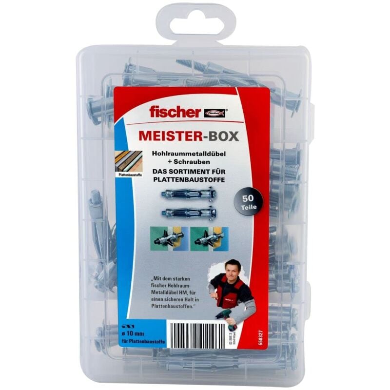 Image of fischer Maister-Box tasselli per cavità, scatola di assortimento con 50 tasselli in metallo cavità e viti, adatti per materiali da costruzione a