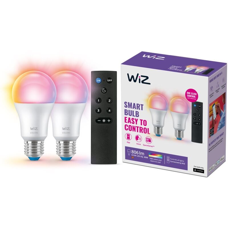 Image of WIZ - Lampadina Smart+Telecomando mote, Luce Bianca o Colorata Dimmerabile, E27, 2 pezzi, 60W, WiFi, Tecnologia SpaceSense, Controllo Vocale