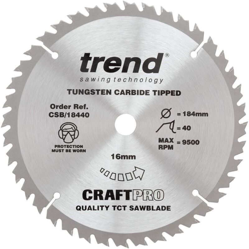 Lama per sega CraftPro Trimming Crosscut tct, 184 mm x 40 denti x 16 mm alesaggio, punta in carburo di tungsteno, CSB/18440 - Trend