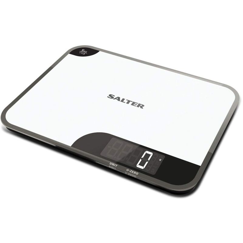 Image of Salter - Bilancia da Cucina Digitale con Funzione Tagliere, Bilancia con Piatto in Vetro Antigraffio, Ampio Display lcd, Capacità 5 Kg, 23x17 cm,