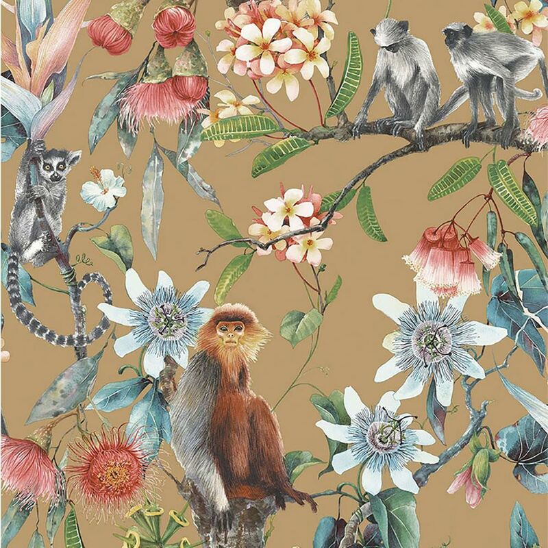 Jungle Wallpaper Galerie Tropical Animal Gold Cream Floral Monkey Lemurs Vinyl