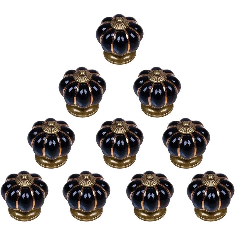 10er-Pack Türknäufe, 40 mm, Vintage-Stil, Keramik, Kürbis-Design, Möbelgriff für Schrank, Schublade, Kleiderschrank – Schwarz – Schwarz – Norcks | 00942480661367