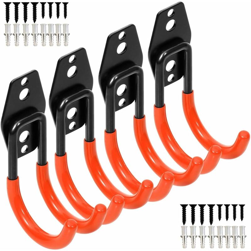 4Pcs Garage Heavy Duty Steel Hooks, Wall Mount Storage Utility Hanger, Organizer Tool Holder with Anti-Slip Coating (11.5cm x 6.7cm) - Orange - Norcks