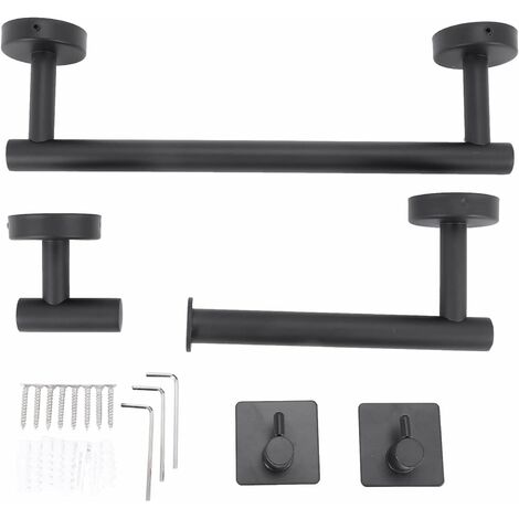 4-Pieces Matte Black Bathroom Hardware Set SUS304 Stainless Steel Round  Wall Mounted - Includes 16 Hand Towel Bar, Toilet Paper Holder, 2 Robe  Towel Hooks,Bathroom Accessories Kit 