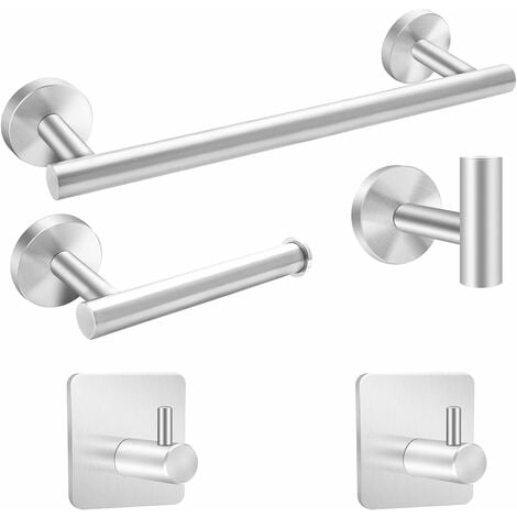 Norcks [5PCS] Juego De Toallero De Acero Inoxidable, Soporte De Toalla De Baño Montado En La Pared, 1 Barra De Toalla, 1 Toallero De Papel, 3 Ganchos Para Albornoz, Kit De Accesorios De Baño Plateado