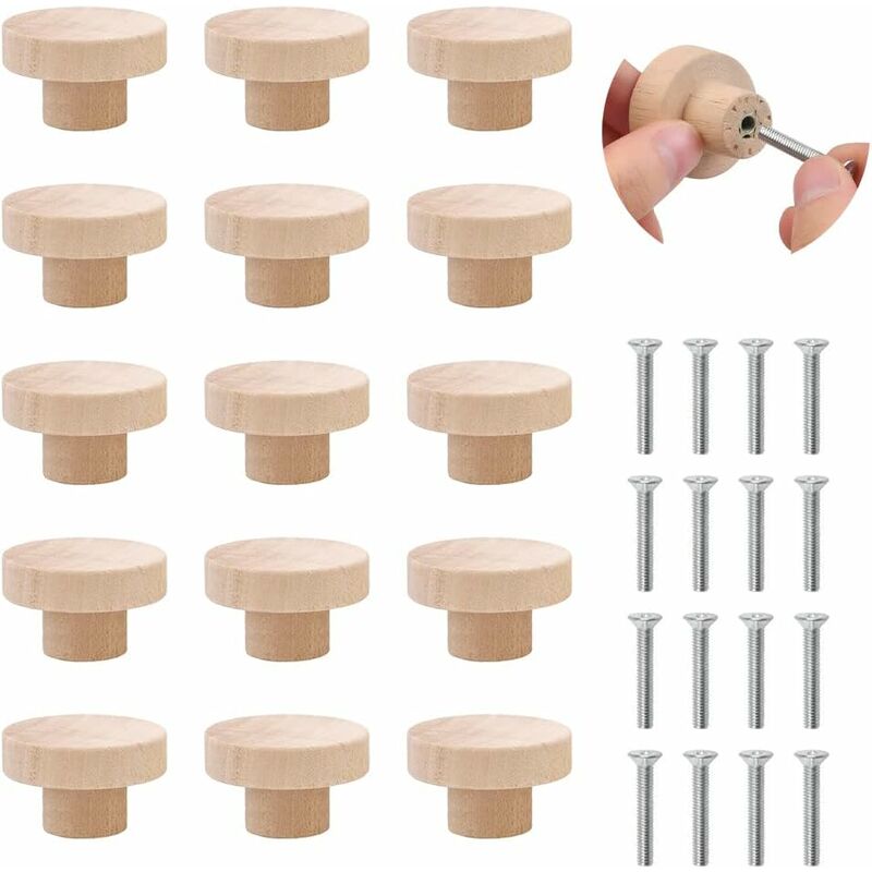 Boutons De Tiroir En Bois Massif,Boutons De Porte D'Armoire En Bois,15 pcs Rond Boutons De Tiroir,Poignée De Tiroir Avec Vis,Poignées De Meubles En