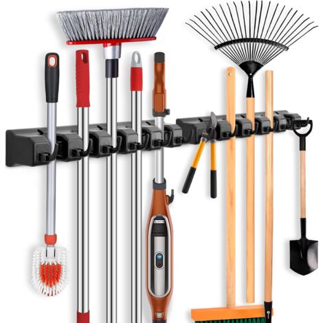 U.S. Solid Mop and Broom Holder, Wall Mounted, 4 Slots & 4 Hooks, Garden Tool Organizer, 16 Inches