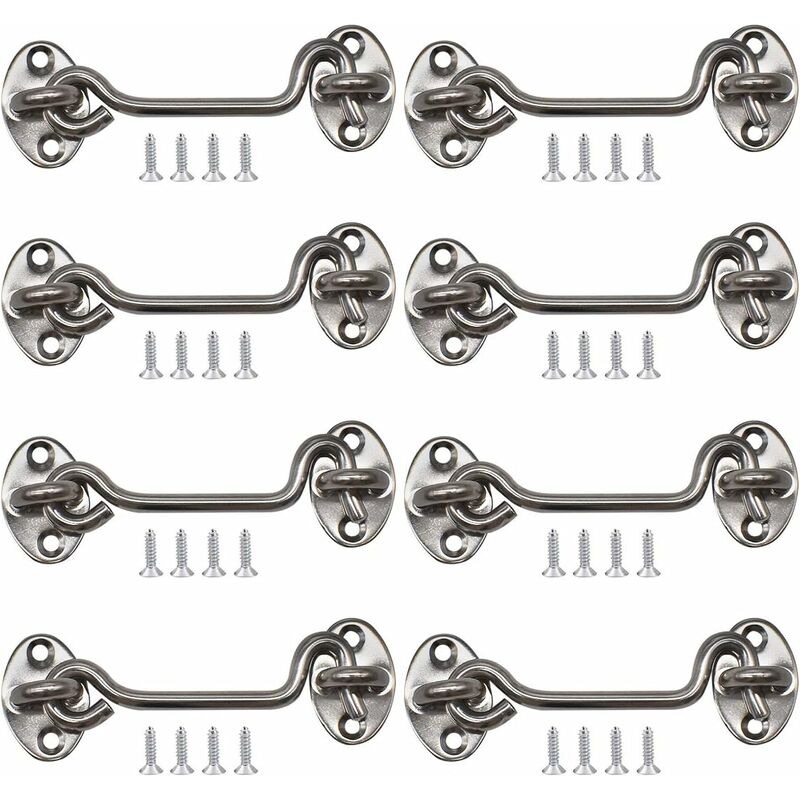 NORCKS Cabin Hook,8pcs Stainless Steel Latch Silent Holder Silver Thicken Hook and Eye Latch with 32pcs Mounting Screws for Doors Gate Window Closet