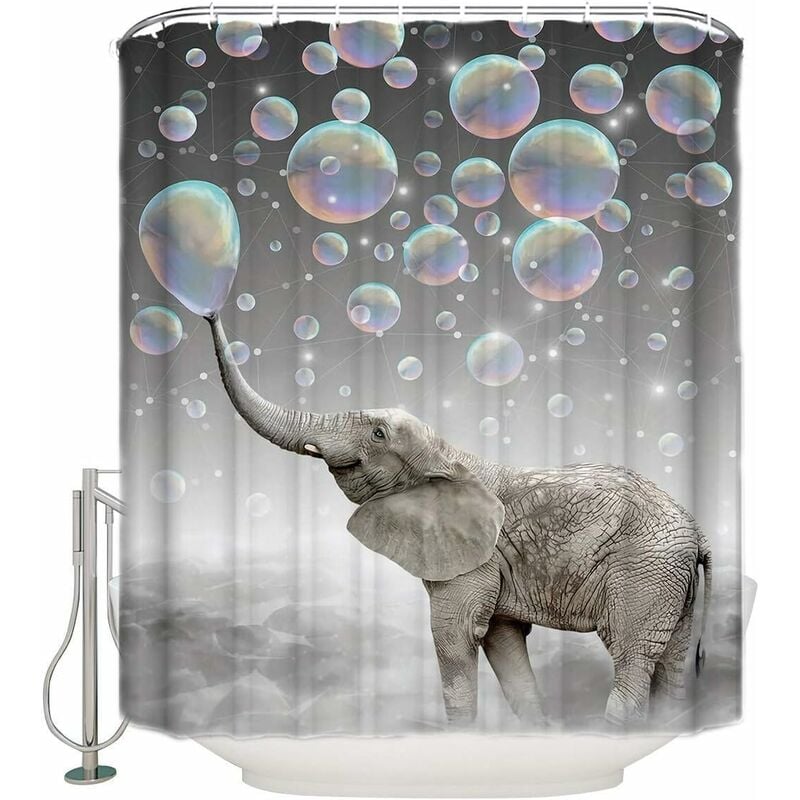 Design Shower Curtain, Animal Elephant Blow Bubbles Dream Colorful Print, Waterproof Cloth Fabric Bathroom Decor Set with Hooks 180 x 180cm - Gray