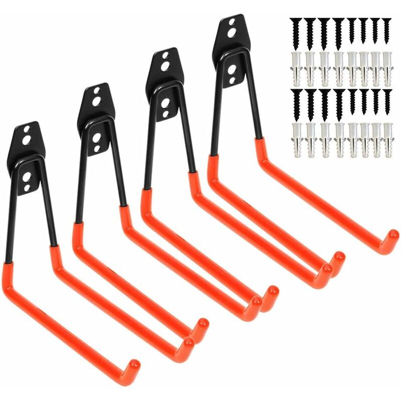 Garage Heavy Duty Steel Hooks, 4 Pack Wall Mount Storage Utility Hanger, Organizer Tool Holder with Anti-Slip Coating (16cm x 19cm) - Orange - Norcks
