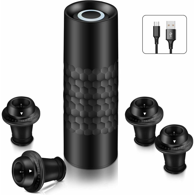 Kit de Pompe à vin Automatique avec 1 Pompe à Vide Rechargeable, 4 Bouchons de vin sous Vide et 1 câble de Charge Type c - Noir - Norcks