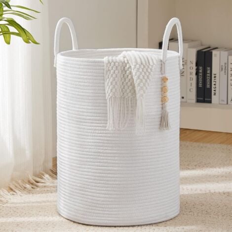 NORCKS Panier à Linge Tissé Coton Pliable Sac Linge Sale avec Poignée Corbeille a Linge Blanc