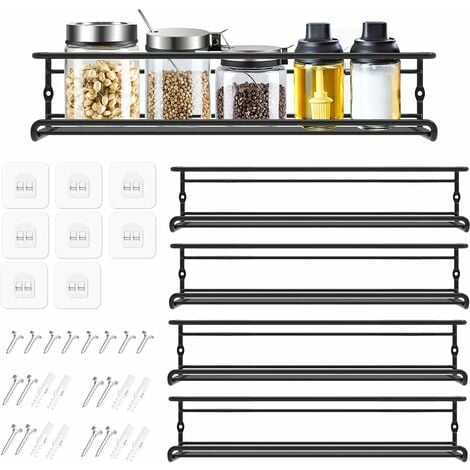 NORCKS Porte-épices en métal Support de rangement mural à épices Étagère de cuisine longue auto-adhésive pour réfrigérateur, armoire de cuisine, porte d'armoire, 29 x 6,35 x 6 cm, noir (4 pièces) - Noir