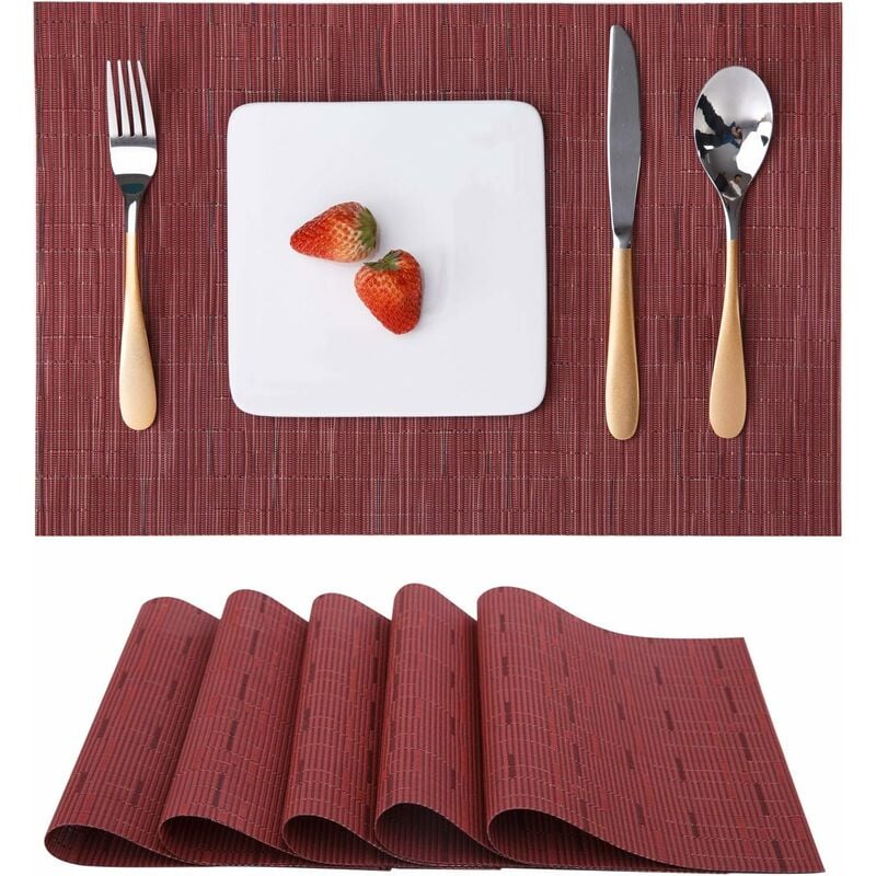 set de table lot de 6 sets table lavable résiste à la chaleur antidérapant tissé sets de table pvc vinyle pour cuisine table à manger, rouge, 30x45cm