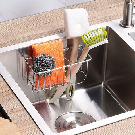 1pc Sink Caddy With Drain Spout, Kitchen Sink Organizer Sponge Holder,  Stainless Steel, Sink Brush Holder With Removable Drain Tray For Sponge,  Dish B