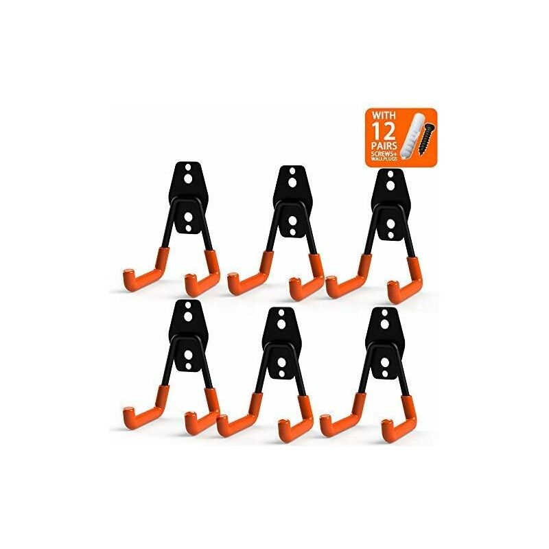 Steel Garage Storage Utility Double Hooks, Heavy Duty for Organizing Power Tools,Small u Hooks (pack of 6, 2 × 2.8 × 4.2 inches) - Orange - Norcks