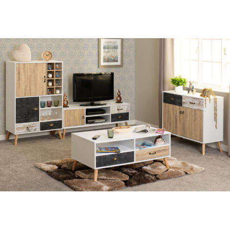 Nordic 2 Drawer Coffee Table - L55 x W110 x H49 cm - White/Distressed Effect