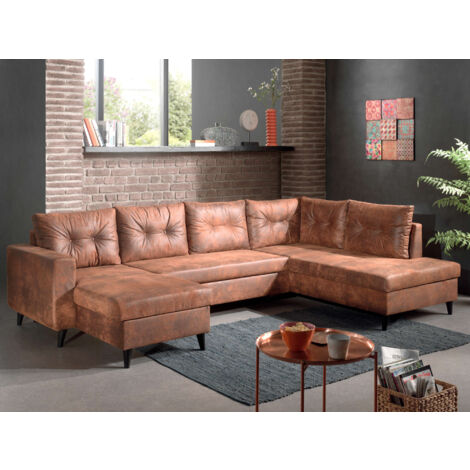 Nordic - 7-sitzer wohnlandschaft in u-form - schlaffunktion - industrial vintage - ecke rechts - braun