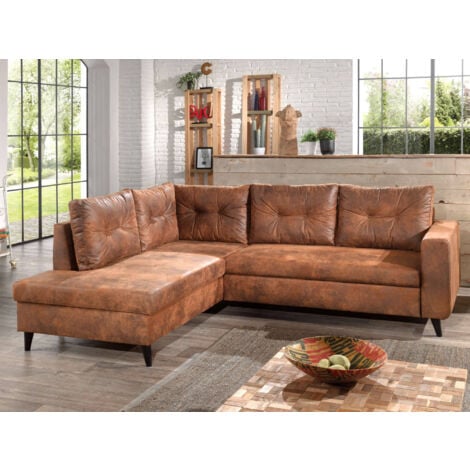 BESTMOBILIER Nordic - ecksofa l - 5 sitzplätze - schlaffunktion - industrielle vintage - links - braun