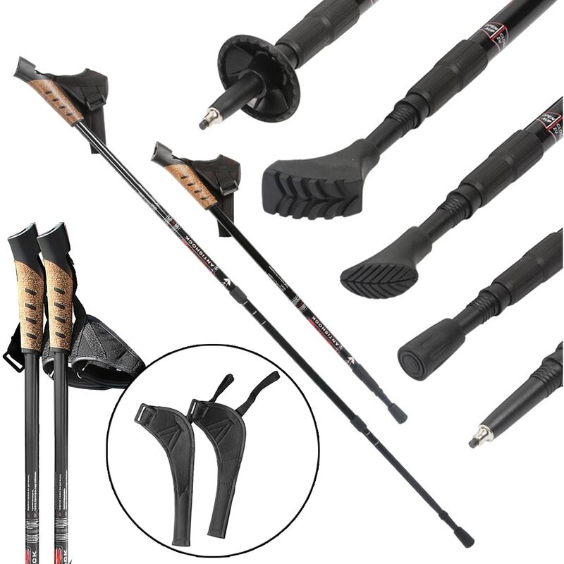

2 bastones para trekking palos para caminata aluminio Negro Bastones para marcha nórdica Sistema telescópico anti-choque altura ajustable