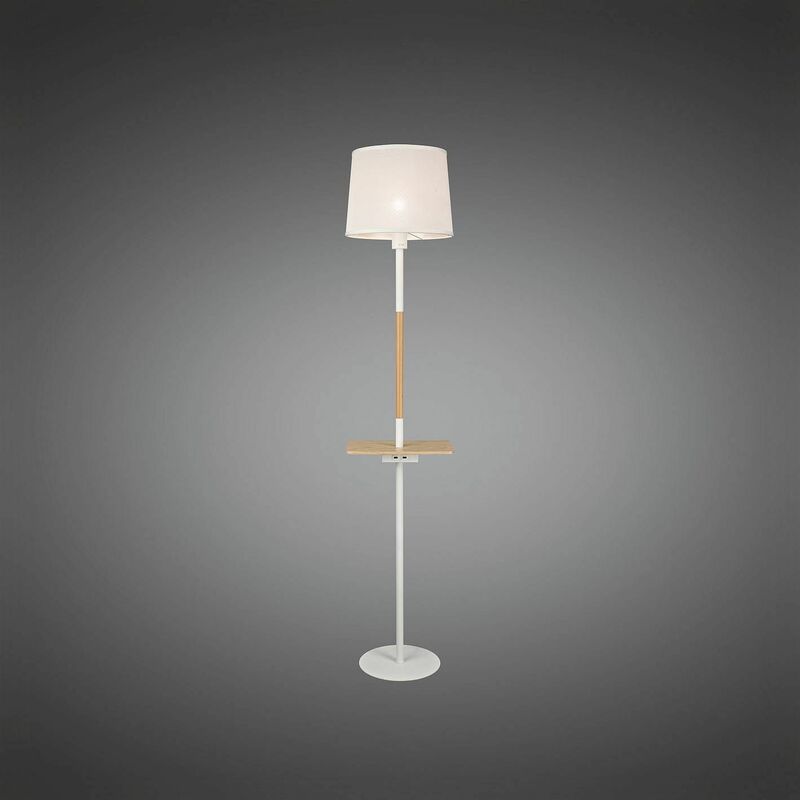 Nordica II Floor Lamp with USB Socket, 1x23W E27, white / beech with white shade