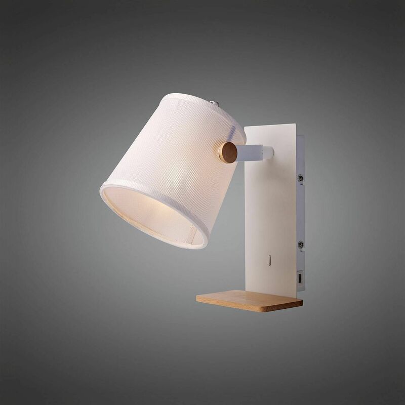 09diyas - Nordica II Position wall light with USB Socket, 1x23W E27, white / beech with white lampshade