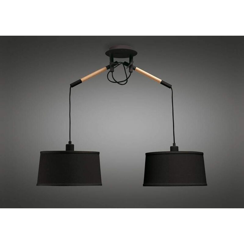 09diyas - Nordica pendant light with black lampshade 2 E27 bulbs, matt black / beech with black lampshade