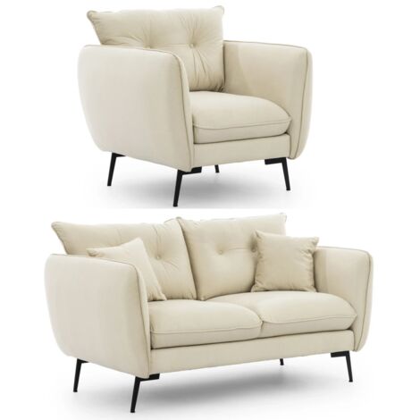 Nordloft - Modernes Polstergarnitur 2+1 aus Beige Samt-Stoff mit Hohen Schwarzen Metallfüßen und schöner Sitzkomfort