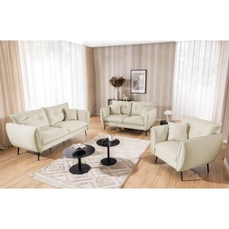 Nordloft - Modernes Polstergarnitur 3+2+1 aus Beige Samt-Stoff mit Hohen Schwarzen Metallfüßen und schöner Sitzkomfort