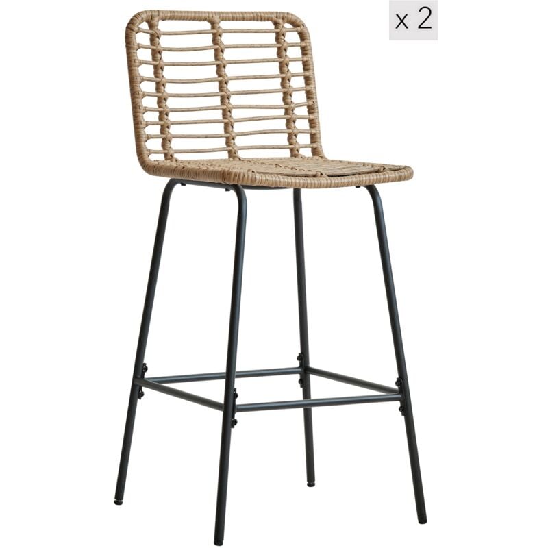 Nordlys - Lot de 2 Tabourets Metal et Fibres Naturelles