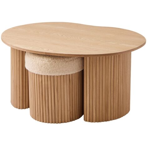 Nordlys – Table basse fixe en bois 90x73x44 cm – 2 poufs bouclettes – Style scandinave Japandi – Certifié FSC – Entretien facile