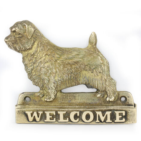 Norfolk Terrier - cartel para puerta con un perro, placa de bienvenida de latón, cartel exclusivo con la palabra Welcome de Art-Dog